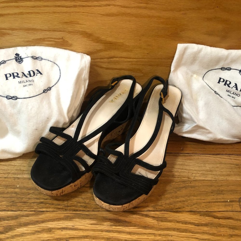 Vintage Prada Open Toe Cork Slingback Wedges